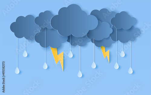 Paper cut of clouds and drops rain with lightning on purple dark background. Vector illustration