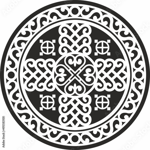  Vector monochrome round Yakut amulet, home protection. National ethnic ornament of the peoples of the Far North, taiga, tundra.