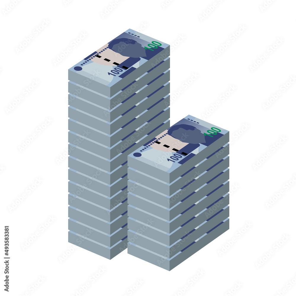South Africa Rand Vector Illustration. African money set bundle banknotes. Paper money 100 Db. Flat style. Isolated on white background. Simple minimal design.