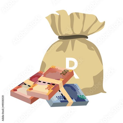 South Africa Rand Vector Illustration. African money set bundle banknotes. Money bag 50, 100, 200 Db. Flat style. Isolated on white background. Simple minimal design.