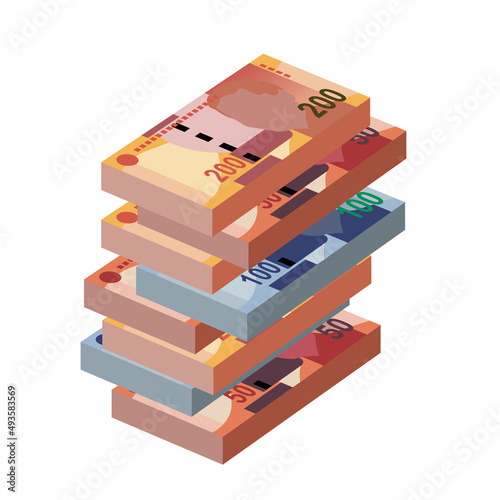 South Africa Rand Vector Illustration. African money set bundle banknotes. Paper money 50, 100, 200 Db. Flat style. Isolated on white background. Simple minimal design.