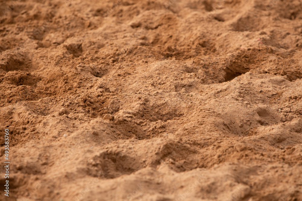 photo of the sand surface in orange-brown tones, close-up. Texture, background