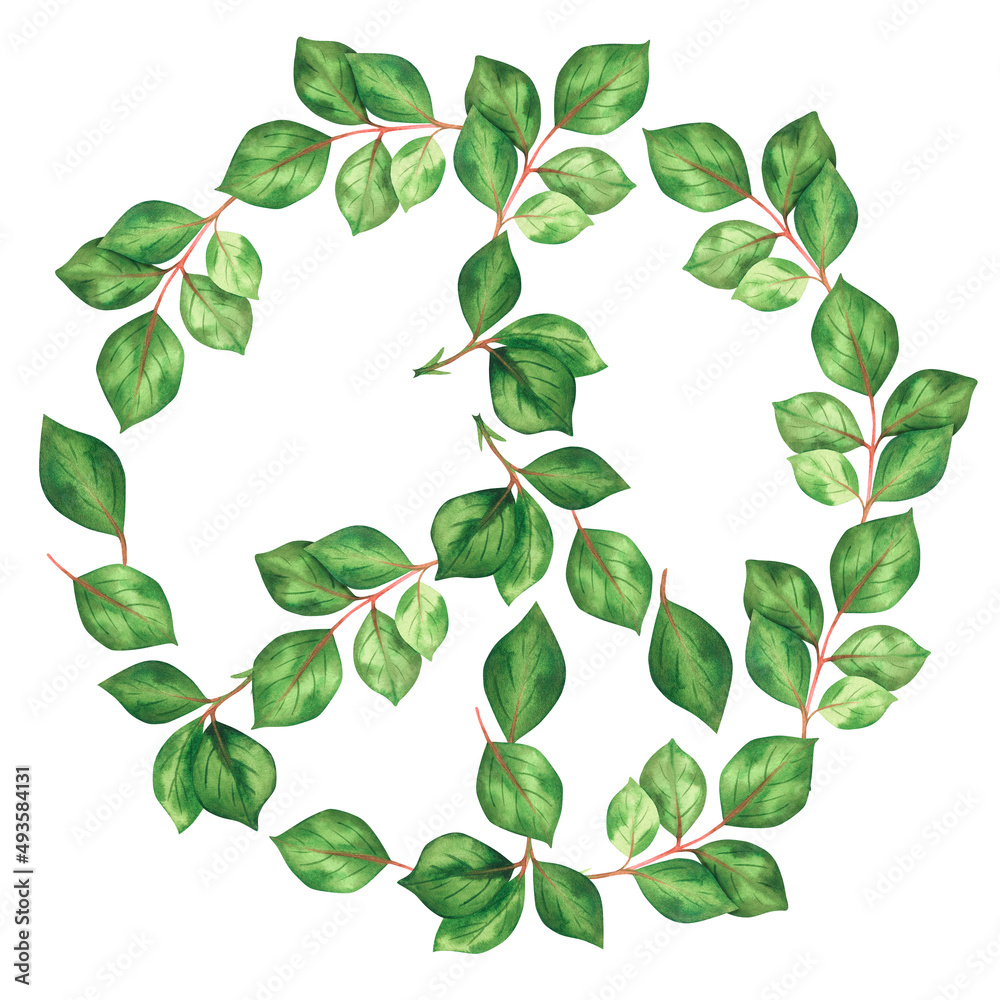 A peace sign laid out of rose leaves. Watercolor illustration. Isolated on a white background.