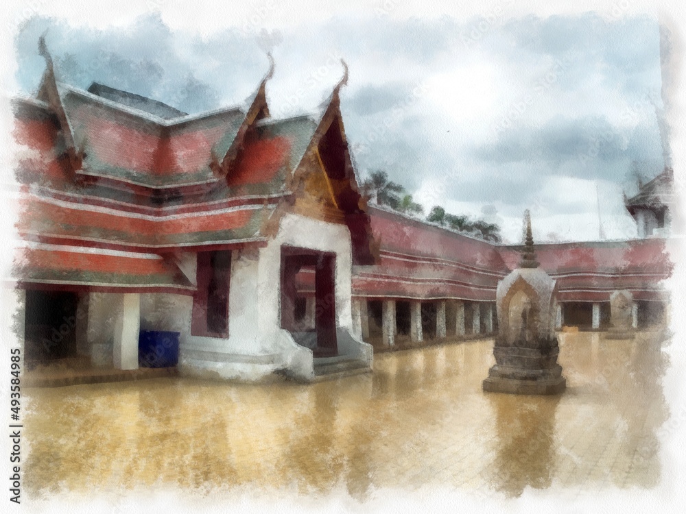 Ancient buildings in central Thai architecture in Wat Sa Bangkok Thailand watercolor style illustration impressionist painting.