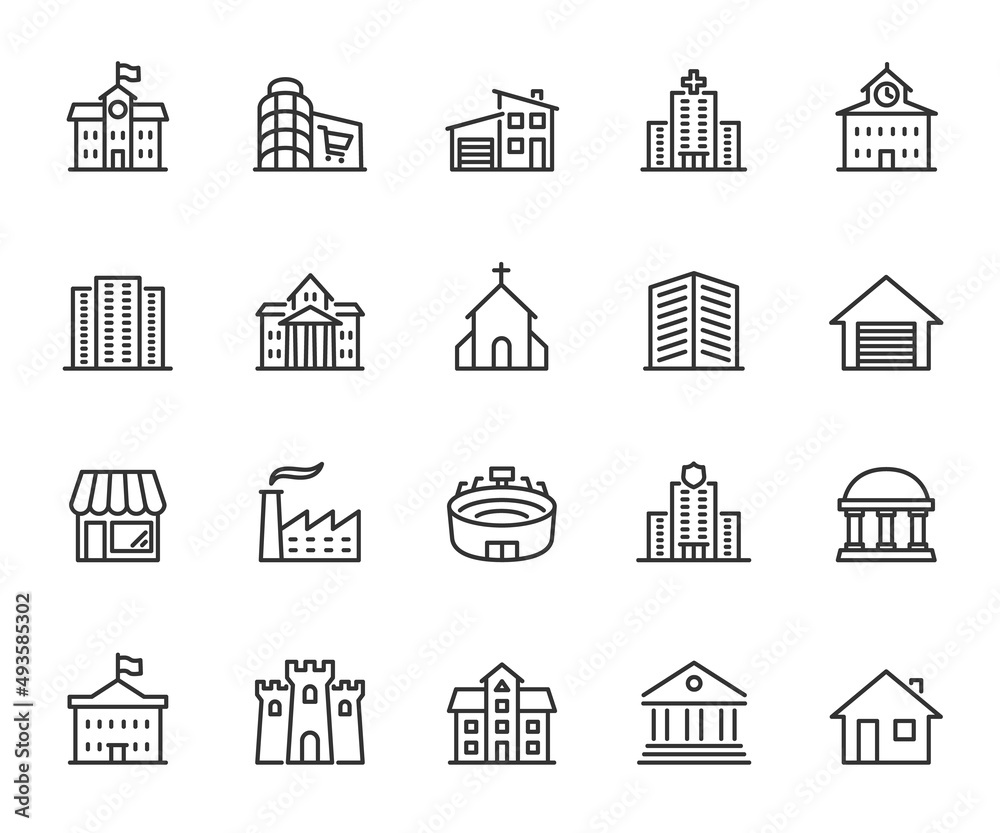 Vector set of building line icons. Contains icons mall, house, bank, church, factory, stadium, mansion, castle and more. Pixel perfect.
