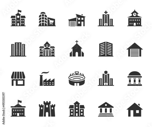 Vector set of building flat icons. Contains icons mall, house, bank, church, factory, stadium, mansion, castle and more. Pixel perfect.