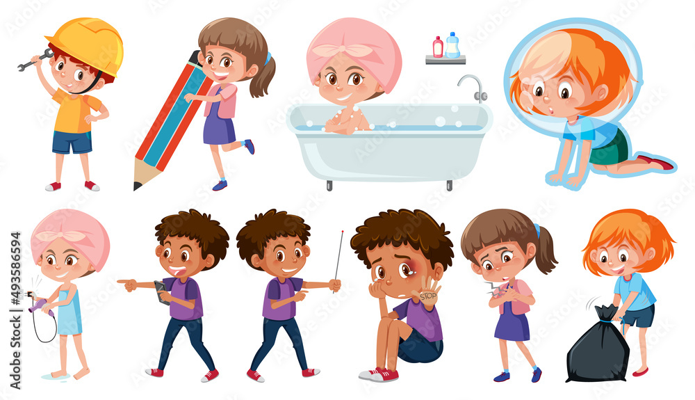 Set of children doing different activities on white background Set of children doing different activities on white background