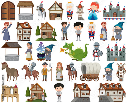 Medieval characters buildings set
