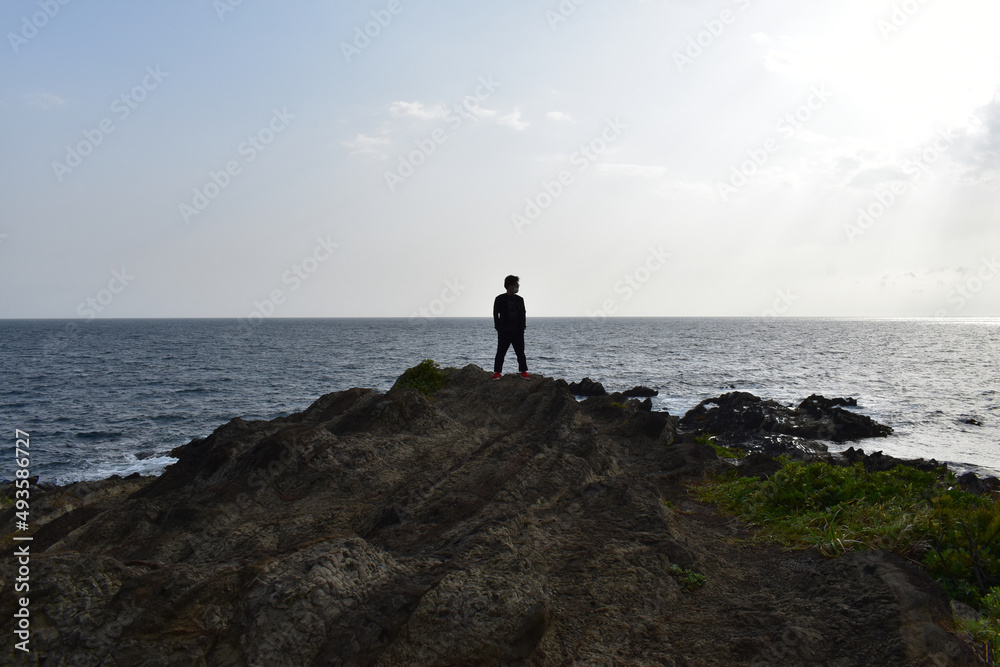 岩の海の先端に立つ男性