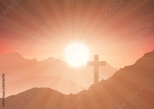 He is risen background with cross against sunburst sky