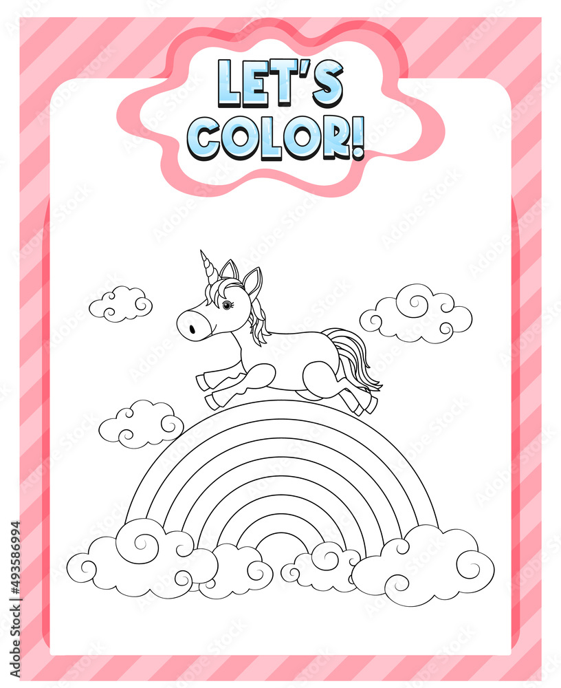 Obraz premium Worksheets template with color time! text and Unicorn outline