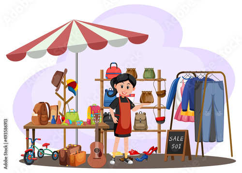 Flea market concept with second hand clothes photo