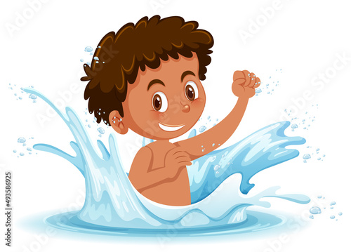 A water splash with fun boy on white background