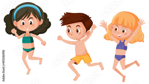Boy and girls jumping on white background photo