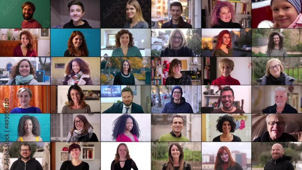 Collage or multi screen of multi-ethnic diverse people looking at the camera. Beautiful people of different age, background, ethnicity smiling together
