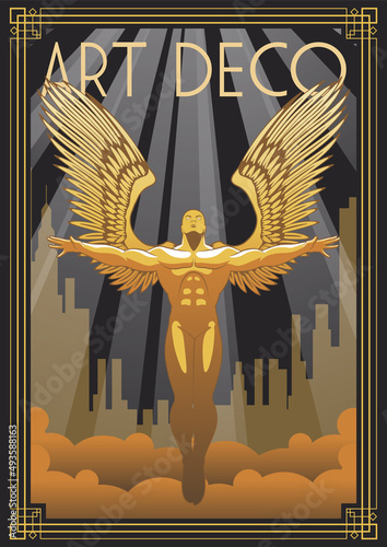 Art Deco Golden Winged Man Poster. 1920s Style Retro Illustration