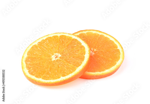 Slices of ripe orange on white background