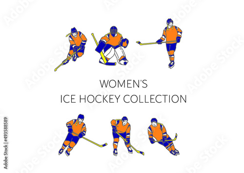 Collection of vector illustrations of the womens hockey team Premium Vector