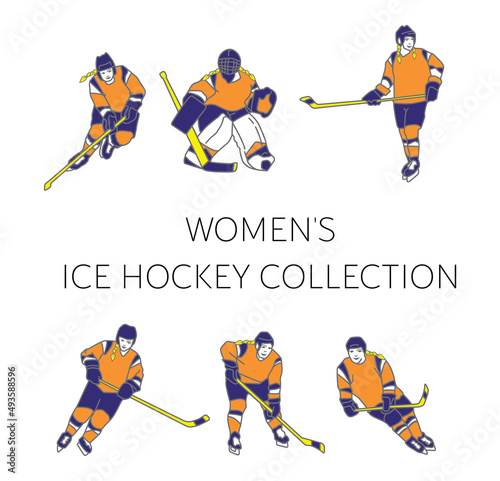 Collection of vector illustrations of the womens hockey team Premium Vector