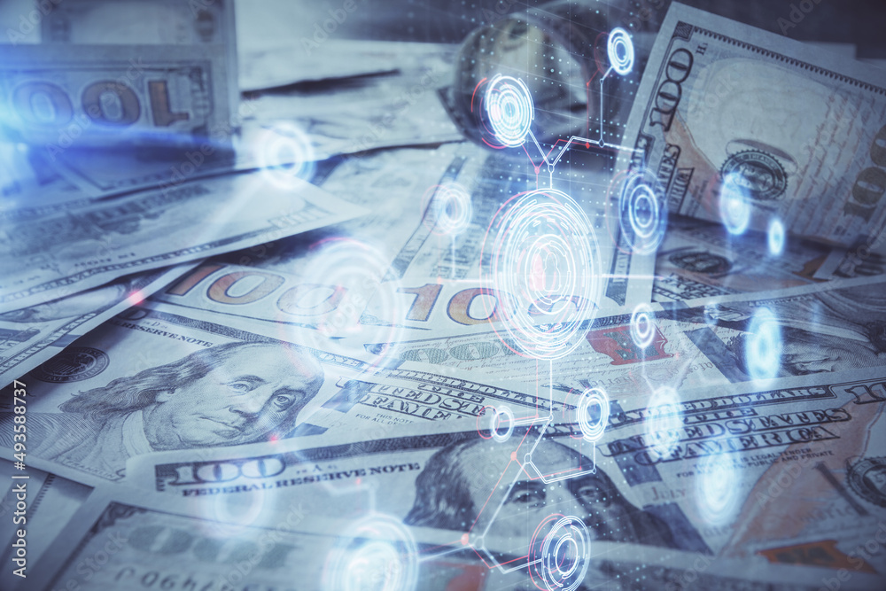 Double exposure of data theme drawing over us dollars bill background. Technology concept. Double exposure of data theme drawing over us dollars bill background. Technology concept.