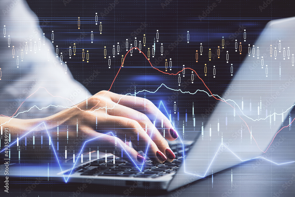 Double exposure of businesswoman hands typing on computer and forex chart hologram drawing. Financial analysis concept. Double exposure of businesswoman hands typing on computer and forex chart hologram drawing. Financial analysis concept.