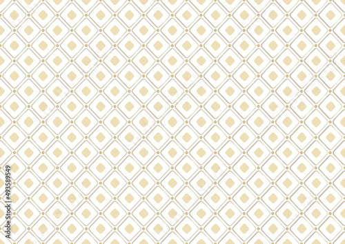 Seamless Pattern with Rounded Diamond Grid and Golden Rounded Rhombuses - Abstract Decorative Illustration Isolated on White Background, Vector