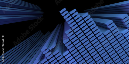 Horizontal volumetric composition of blue parallelepipeds on a black background. Place for an inscription. technology background