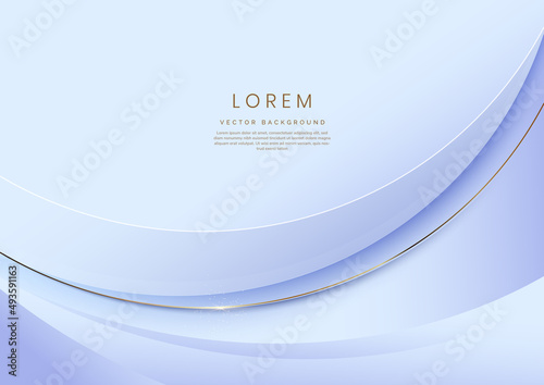 Abstract 3d light blue background with gold lines curved wavy sparkle with copy space for text. Luxury style template design.