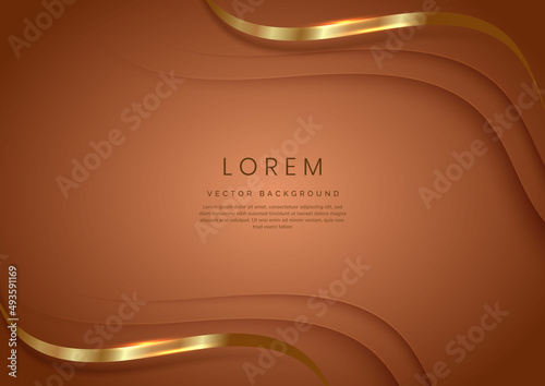 3D modern luxury template design gold curved shape and golden curved line on brown background.