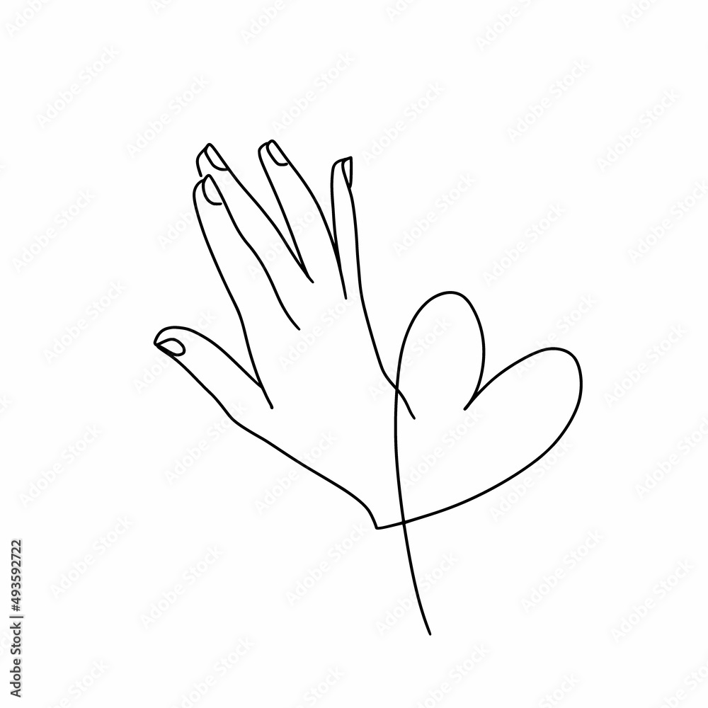 Silhouette of a continuous line of a woman's hand and heart Silhouette of a continuous line of a woman's hand and heart