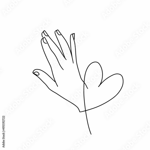 Silhouette of a continuous line of a woman's hand and heart