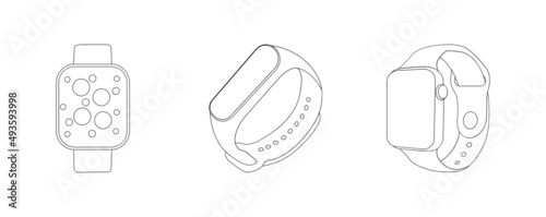  fitbit watch vector. fitness tracker band icons set vector image. Fitness watch icon. Thin linear fitness watch outline icon isolated on white background from gym and fitness collection. Line