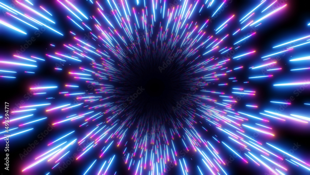 Obraz premium Abstract background neon glow purple blue colors, cosmic speed concept, dynamic hyperspace tunel 3D science fiction illustration render.
