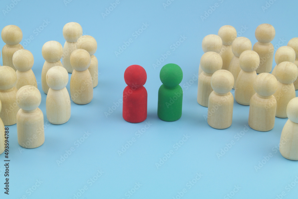Coordination, negotiation and discussion concept. Groups of people figures with red and green leaders.