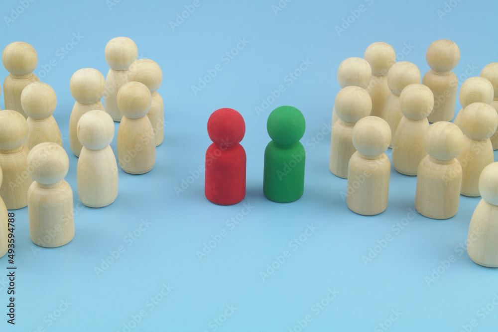 Coordination, negotiation and discussion concept. Groups of people figures with red and green leaders. Coordination, negotiation and discussion concept. Groups of people figures with red and green leaders.