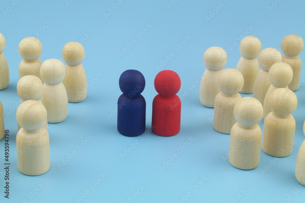 Coordination and discussion concept. Group of people figures around their leaders on blue background. Coordination and discussion concept. Group of people figures around their leaders on blue background.