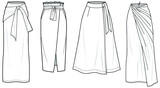 Women Wrap Long skirt, Sarong Long Skirt, Wrap Around Maxi Set of Skirt, Paper Bag Waist Wrap Skirt Fashion Illustration, Vector, CAD, Technical Drawing, Flat Drawing.
