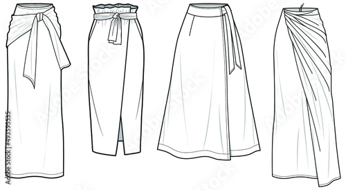 Women Wrap Long skirt, Sarong Long Skirt, Wrap Around Maxi Set of Skirt, Paper Bag Waist Wrap Skirt Fashion Illustration, Vector, CAD, Technical Drawing, Flat Drawing. photo