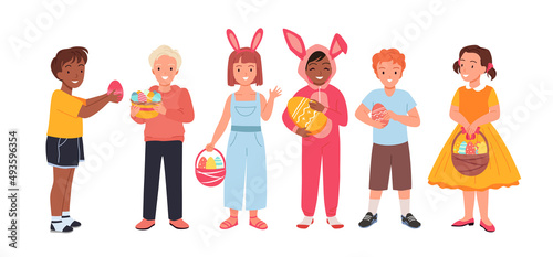 Cute kids celebrate Easter set vector illustration. Cartoon happy boys and girls holding eggs with patterns, funny little children carrying baskets isolated on white. Celebration, spring concept