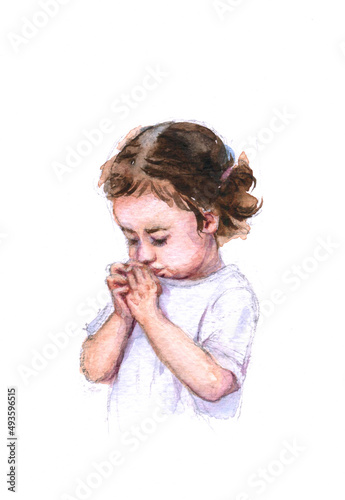 Watercolor drawing praying cute girl