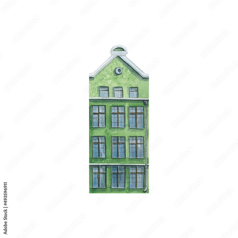 Watercolor illustration of the house of the old European city. Isolated. Green. For decoration Watercolor illustration of the house of the old European city. Isolated. Green. For decoration