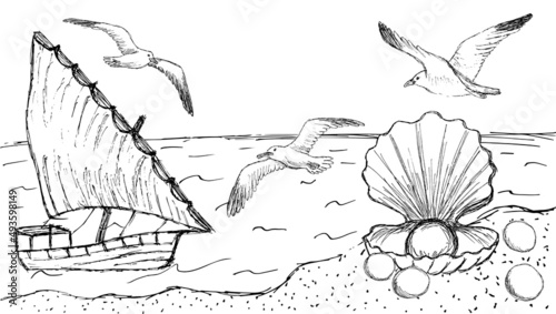 Rough hand-drawn sea coast sketch with ship, seagulls and pearl shell on sand. Seascape simple vector black and white illustration with copy space