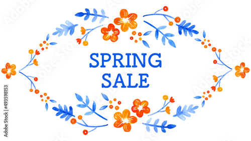 青とオレンジの白バック花春セールポップ