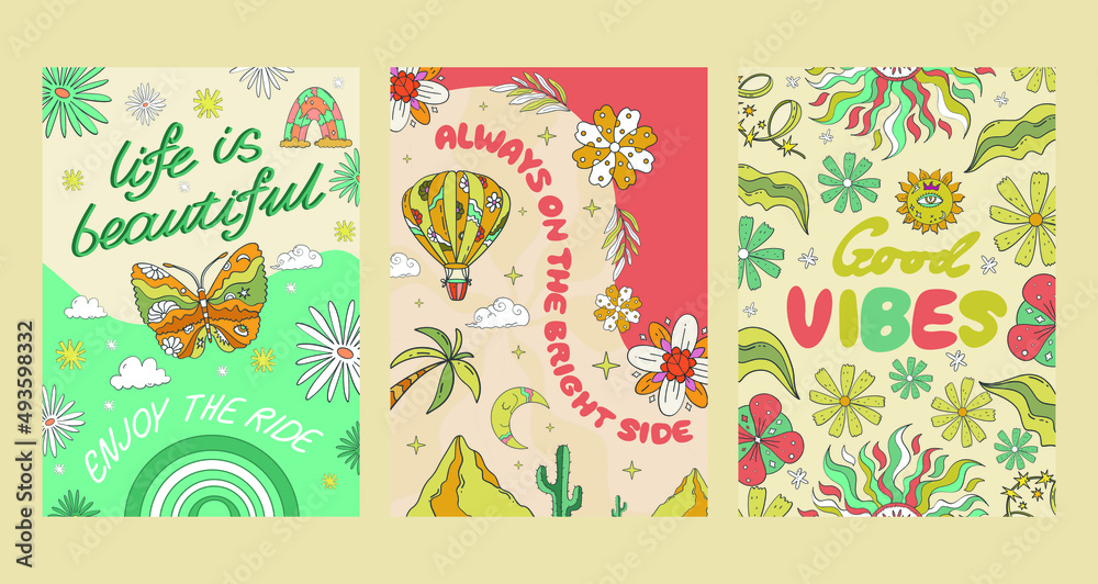 A large set of A4 hippie banners in retro 70s style, vector elements. Cartoon funny mushrooms, flowers, a rainbow, a set of vector elements in vintage style, an inscription. For banners, fabric, print