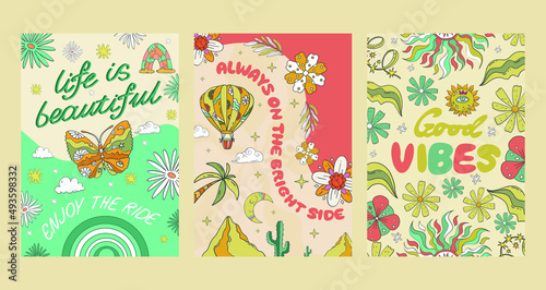 A large set of A4 hippie banners in retro 70s style  vector elements. Cartoon funny mushrooms  flowers  a rainbow  a set of vector elements in vintage style  an inscription. For banners  fabric  print