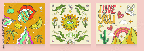 A large set of A4 hippie banners in retro 70s style, vector elements. Cartoon funny mushrooms, flowers, a rainbow, a set of vector elements in vintage style, an inscription. For banners, fabric, print