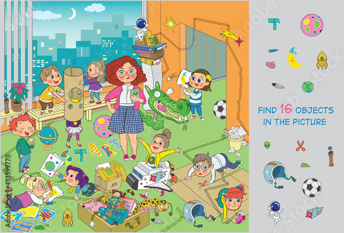 Children's games as astronauts. Children design, invent, draw, play, dream about flying into space. Vector illustration. Find 16 objects in the picture. Funny cartoon characters. 