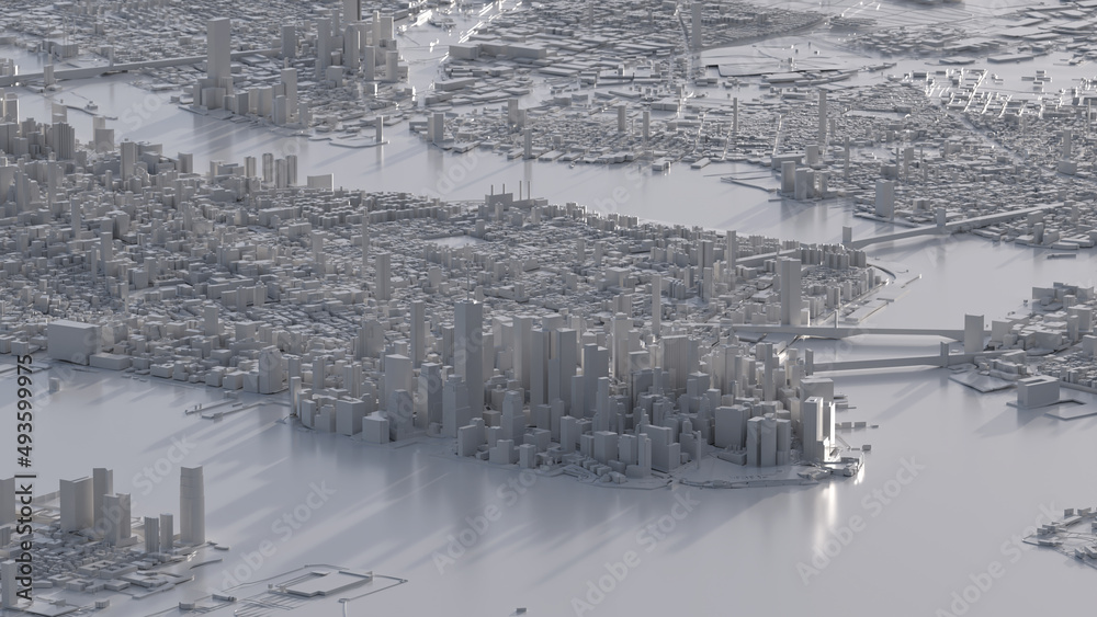 New York as a white 3D model. Aerial view with Manhattan in focus.
