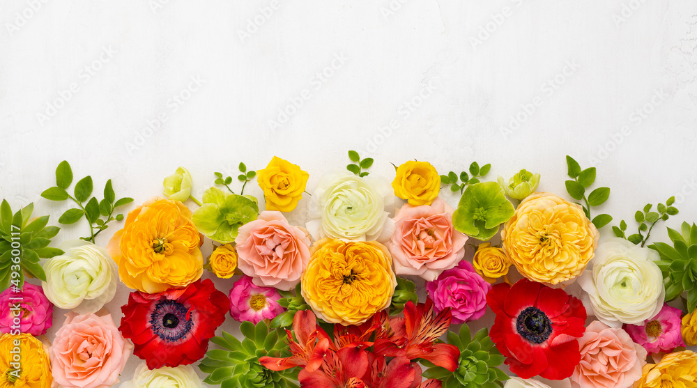 Fototapeta premium Beautiful flowers composition. Arrangement of anemones, roses, ranunculus, tropical flowers, succulent and leaves on light background.