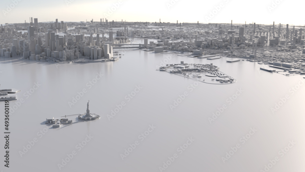 New York as a white 3D model. Wide-angle aerial view of the corner of Manhattan up to the Statue of Liberty.